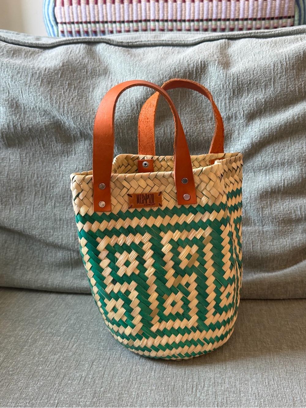 Woven Straw Tote Bag with Green Pattern and Leather Handles